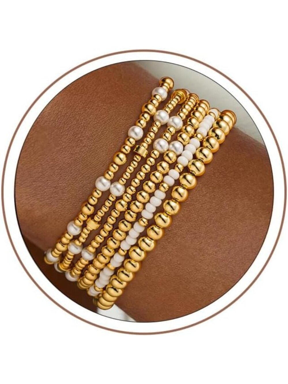 5PCS Gold Beaded Bracelets Set for Women & Teens, 14K Gold Plated Jewelry